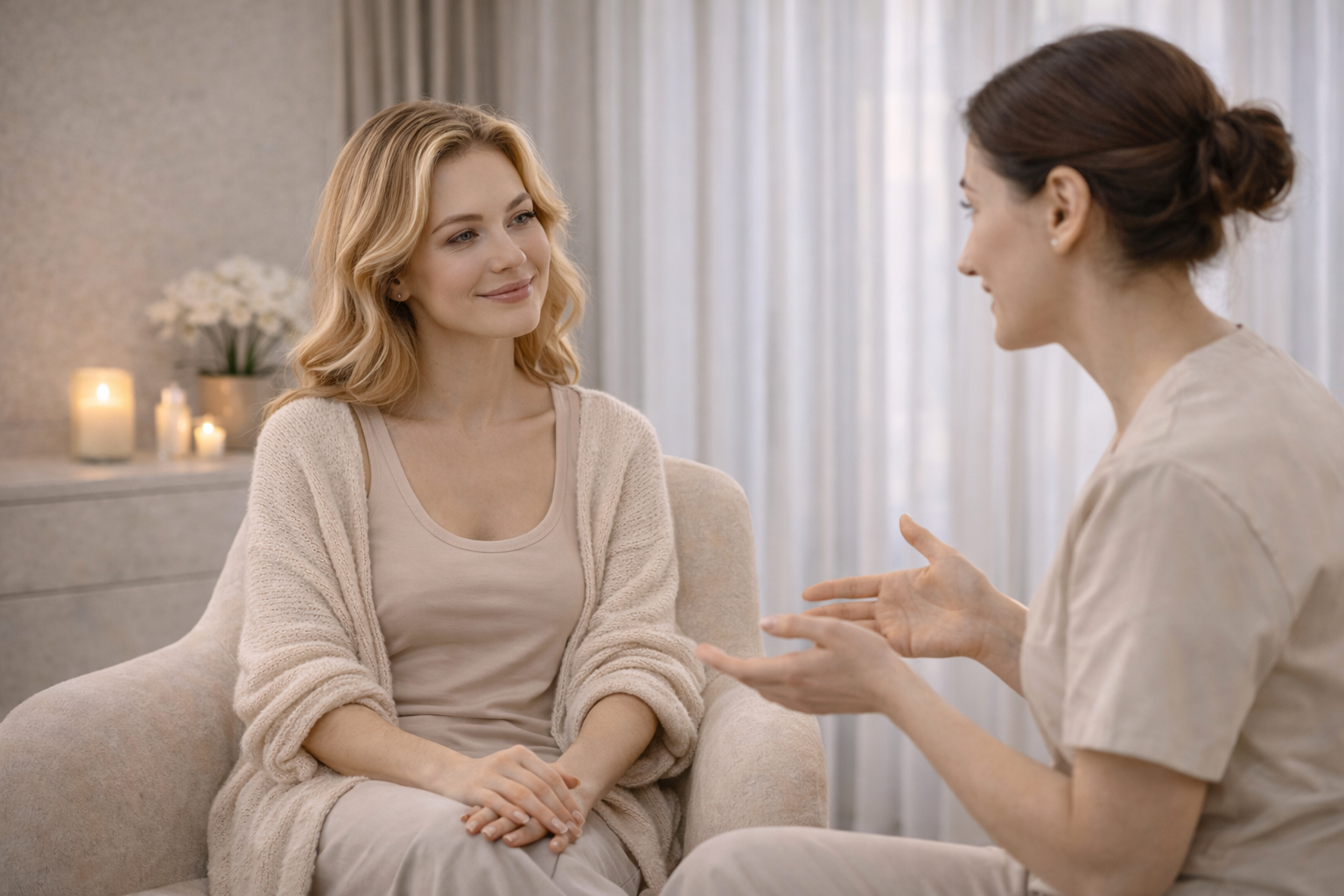 A calm, private consultation room with a comfortable chair and soft lighting.